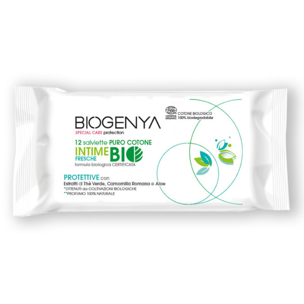 Salviette per l'igiene Intima Fresche BIO -Biogenya - Una piacevole freschezza con una formula protettiva, profumo 100% naturale e puro cotone biologico certificato.