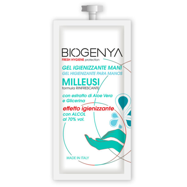 Biogenya - Gel Igienizzante Mani Milleusi 50ml. Formula Rinfrescante con Estratto di Aloe Vera e Glicerina effetto igienizzante con Alcol al 70% vol. Pronto all'uso.